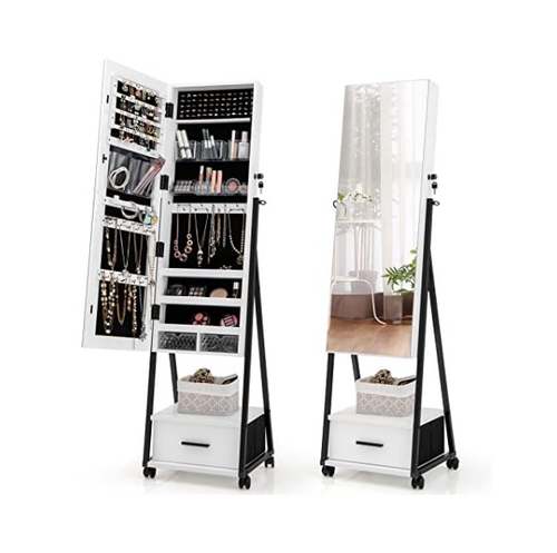 Floor Standing Jewelry Armoire Mirror Lockable Storage Cabinet with Wheels