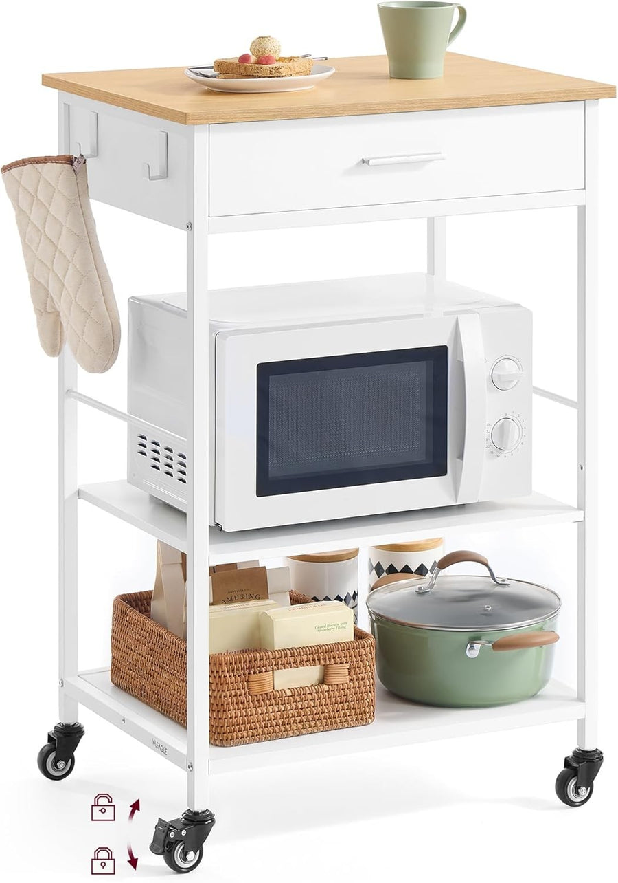 Kitchen Island Trolley on Wheels Storage Cart with Drawer Shelf Hooks