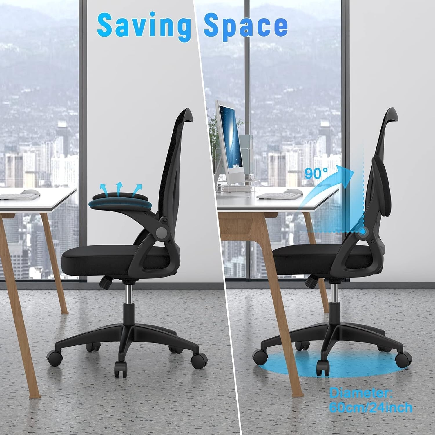 Ergonomic Mesh Office Chair Flip-up Arms Lumbar Support Rolling Black Home Desk