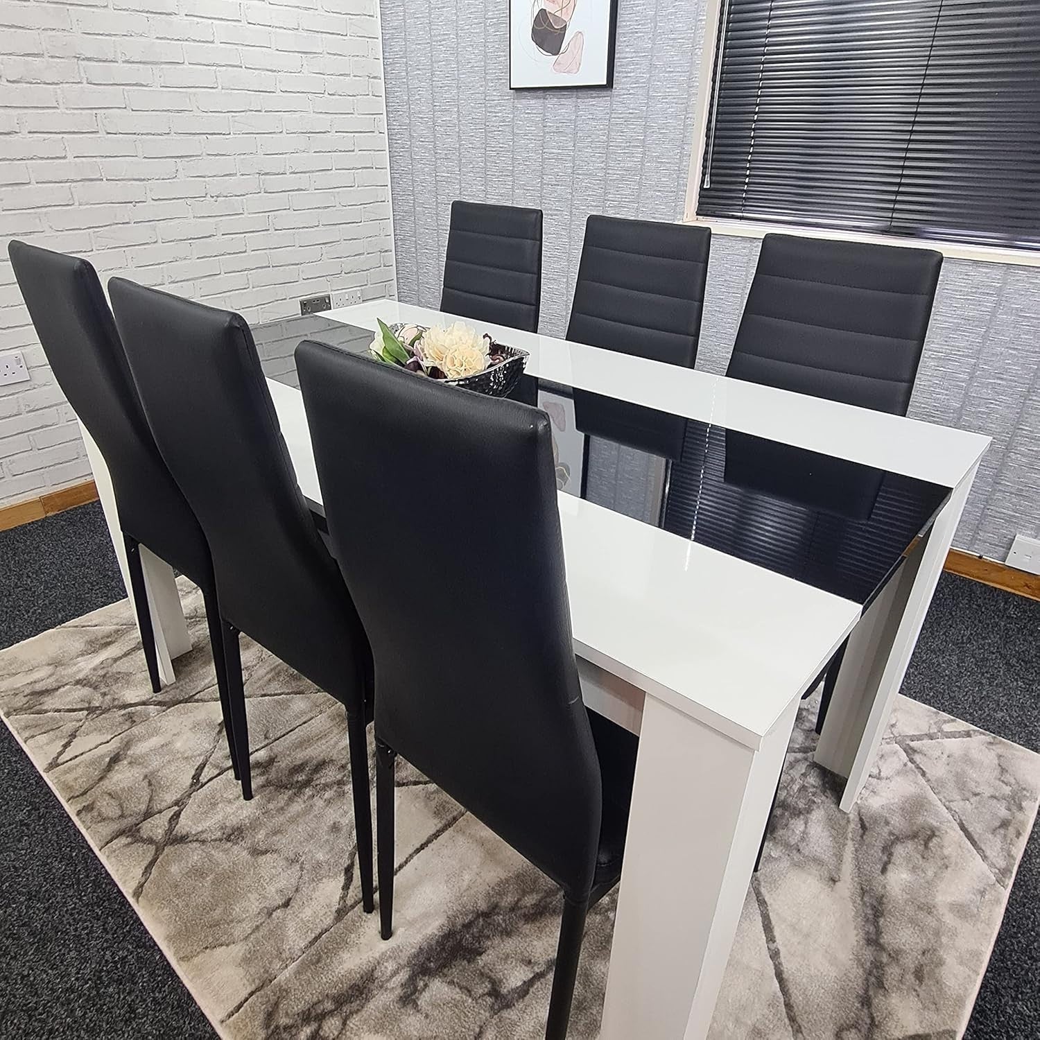 White & Black Dining Table Set with 6 Black Faux Leather Chairs - Modern, Durabl