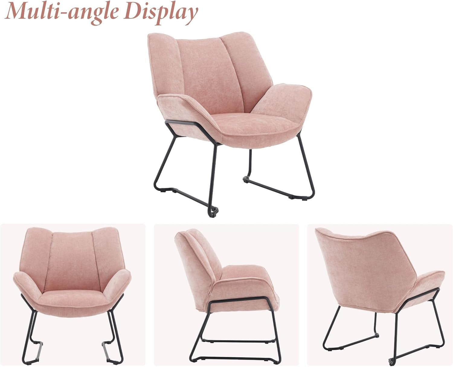Pink Chenille Armchair Modern Tub Chair Upholstered Metal Legs