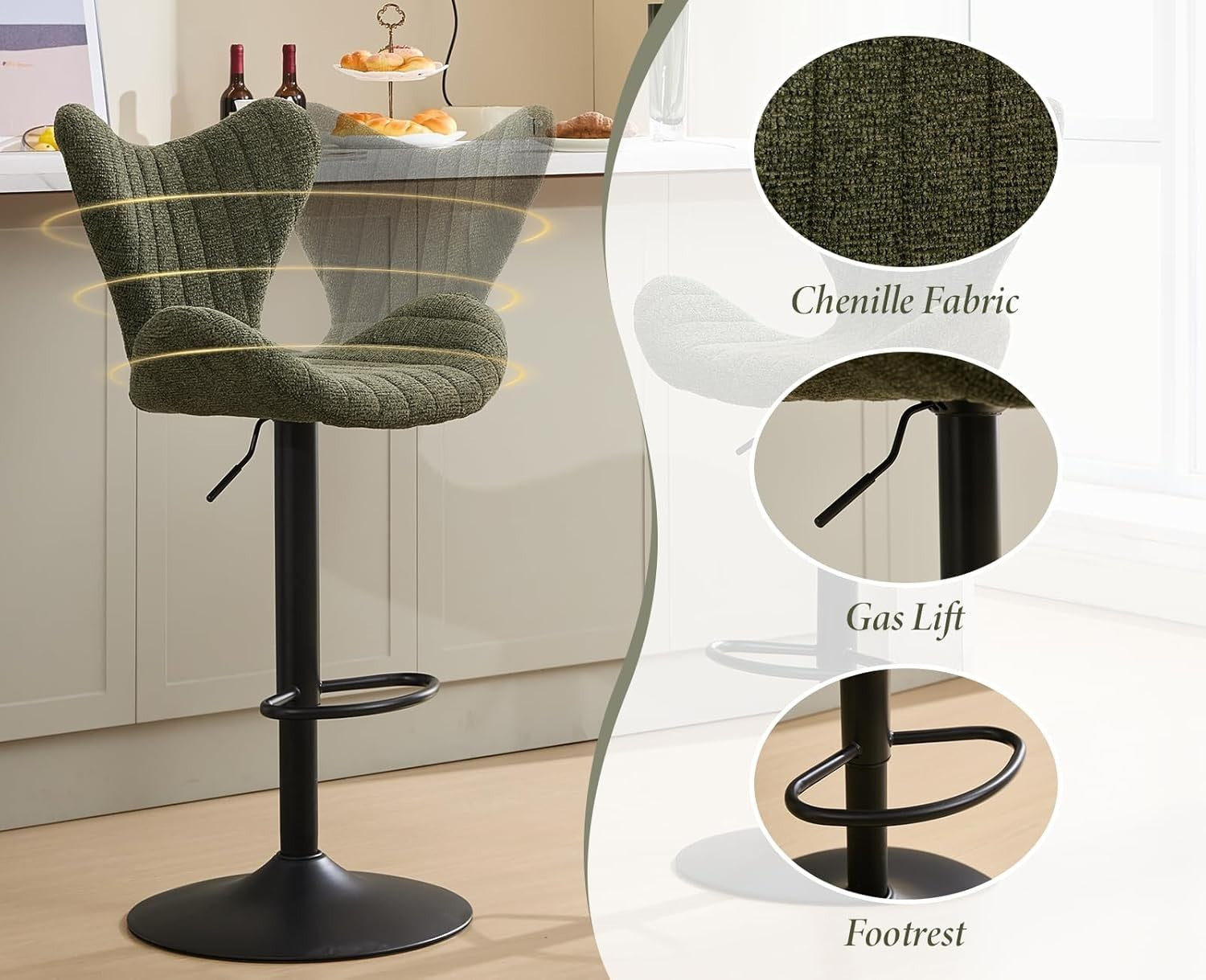 Green Wing-Back Bar Stools Set of 2 | Polyester Seat, Swivel & Adjustable