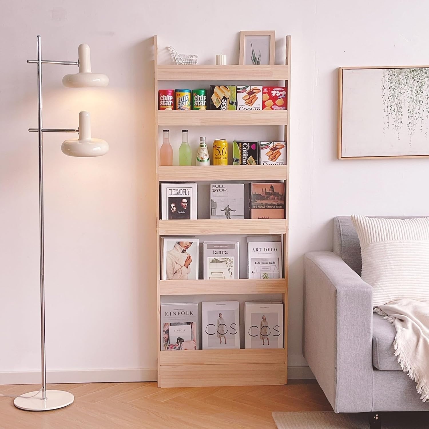 Space-Saving Solid Pine Wood Bookshelf 6-Tier Wall Mounted Book Rack