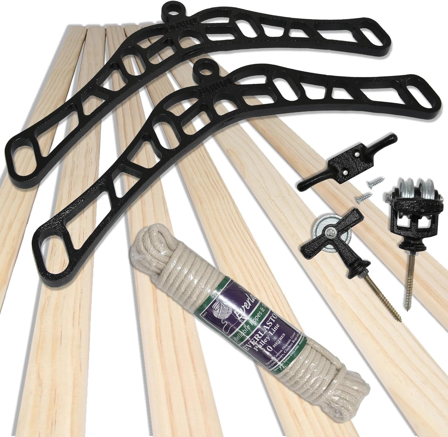 Ceiling Mounted Pulley Clothes Airer 6 Lath Wooden Laundry Rack 1m Black