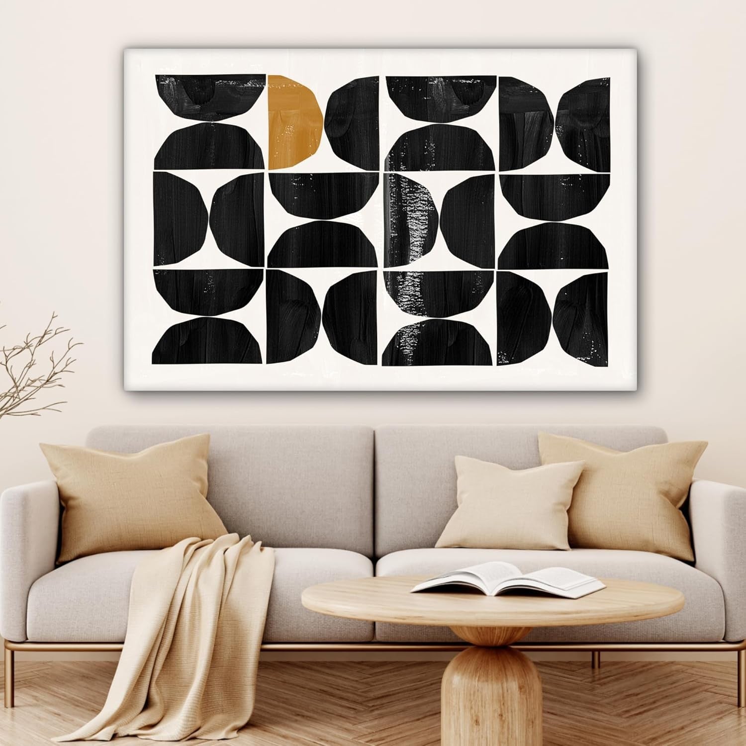 Large Abstract Black Beige Canvas Wall Art 120x80cm Modern Living Room