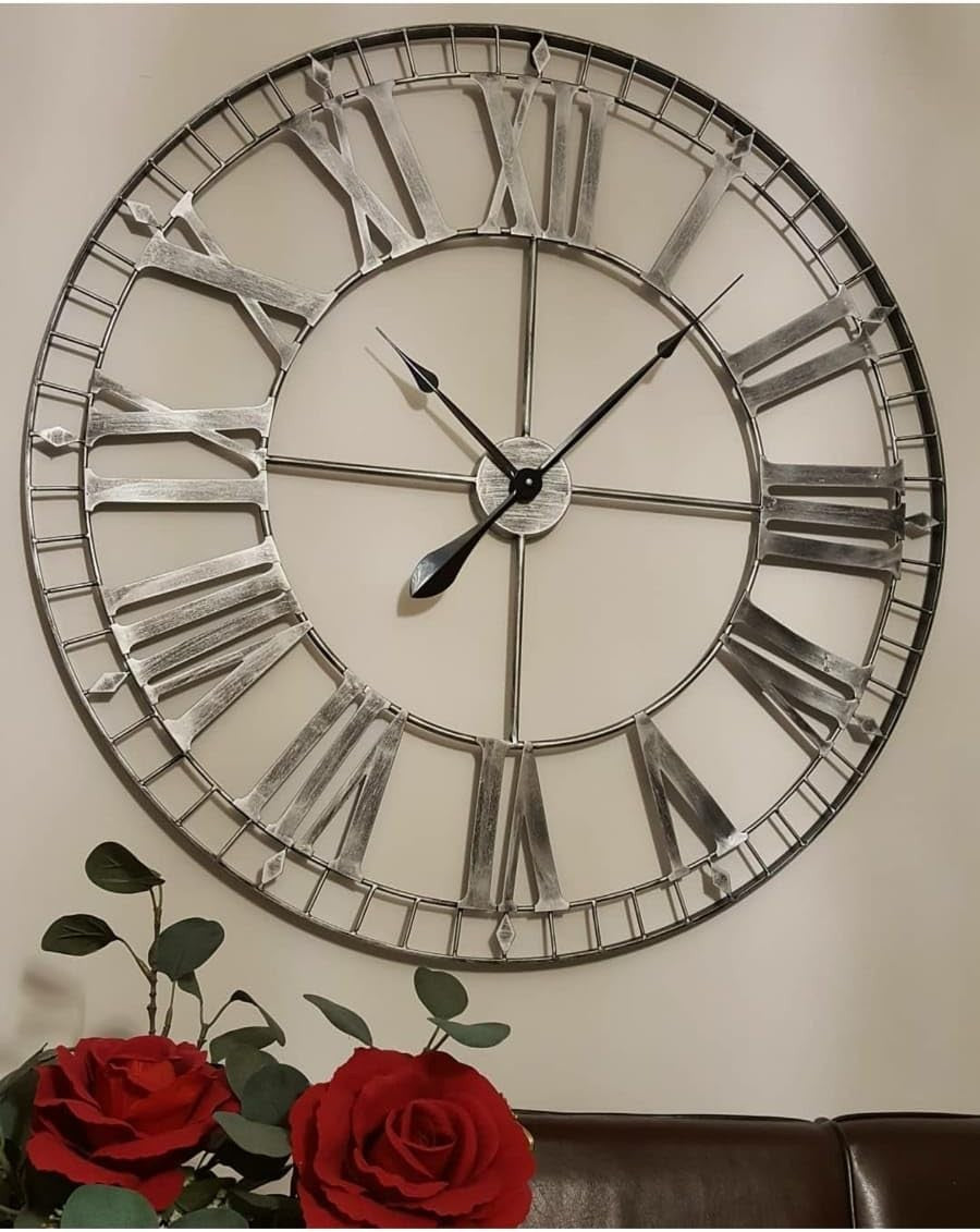 Extra Large 88cm Skeleton Wall Clock Rustic Silver Metal Roman Numerals Decor