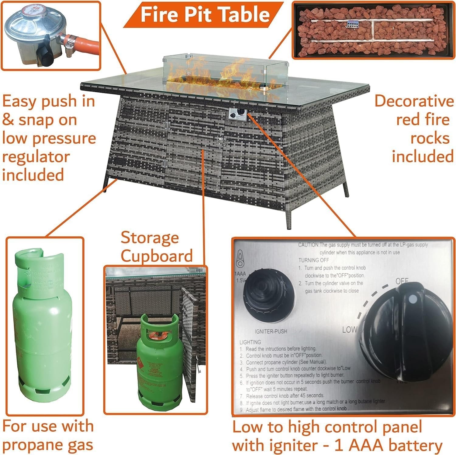 8 Seater Rattan Garden Sofa Set with Fire Pit Table & Footstools Grey