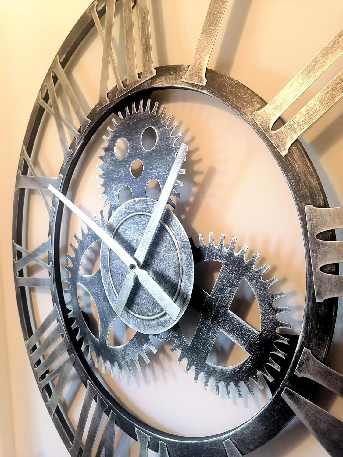 76cm Industrial Metal Gear Wall Clock - Rustic Silver Skeleton Roman Numerals V