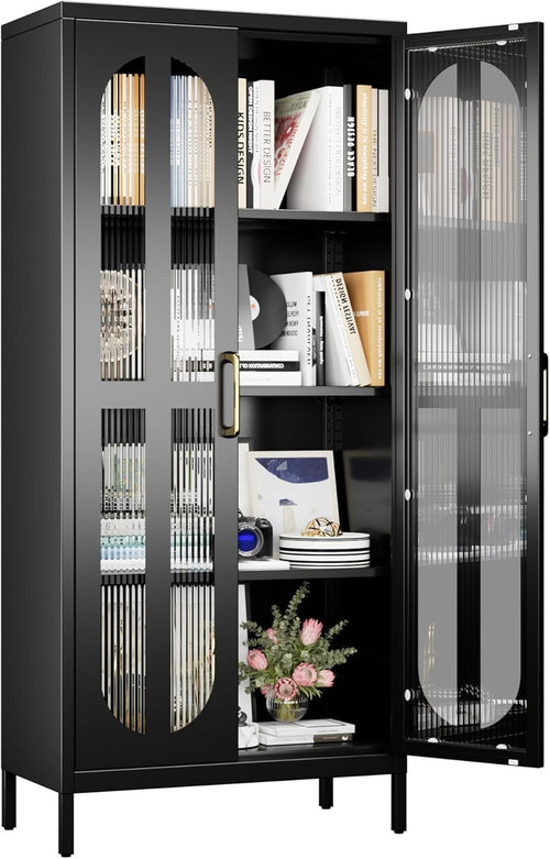 Black Metal Storage Cabinet 2 Glass Doors Adjustable Shelves 155H
