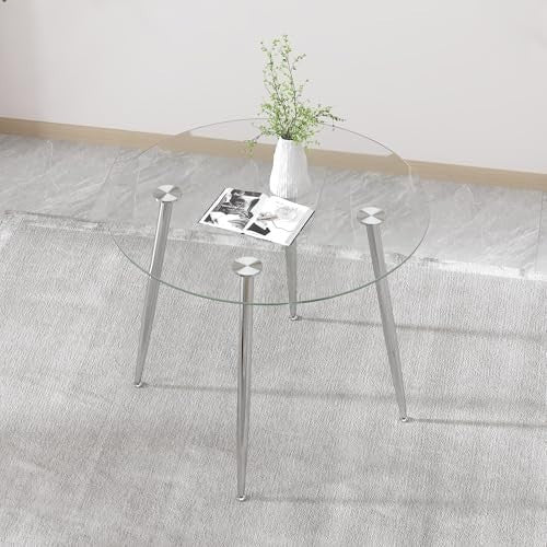 Round Glass Dining Table Silver Metal Legs Modern 80cm Kitchen Table