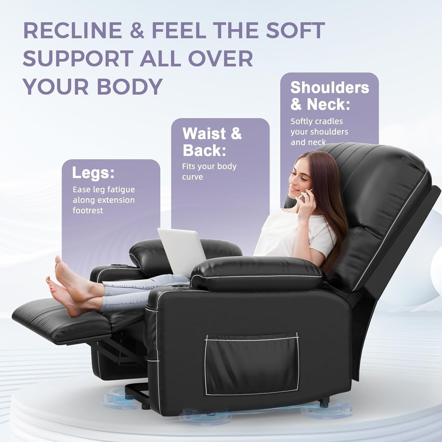 Electric Lift Recliner Chair Massage Heat USB Type-C Oversized Black Armchair