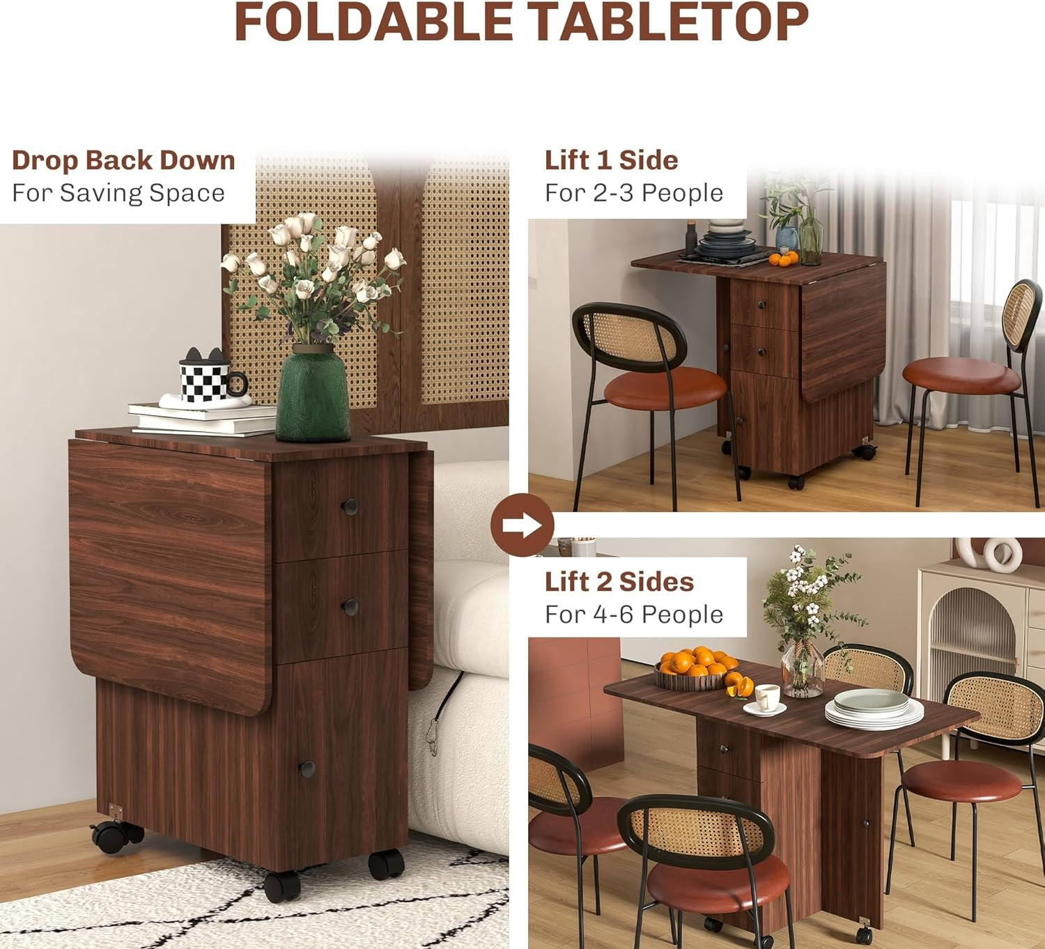 Folding Drop Leaf Dining Table 4-6 Seater on Wheels with Storage Brown