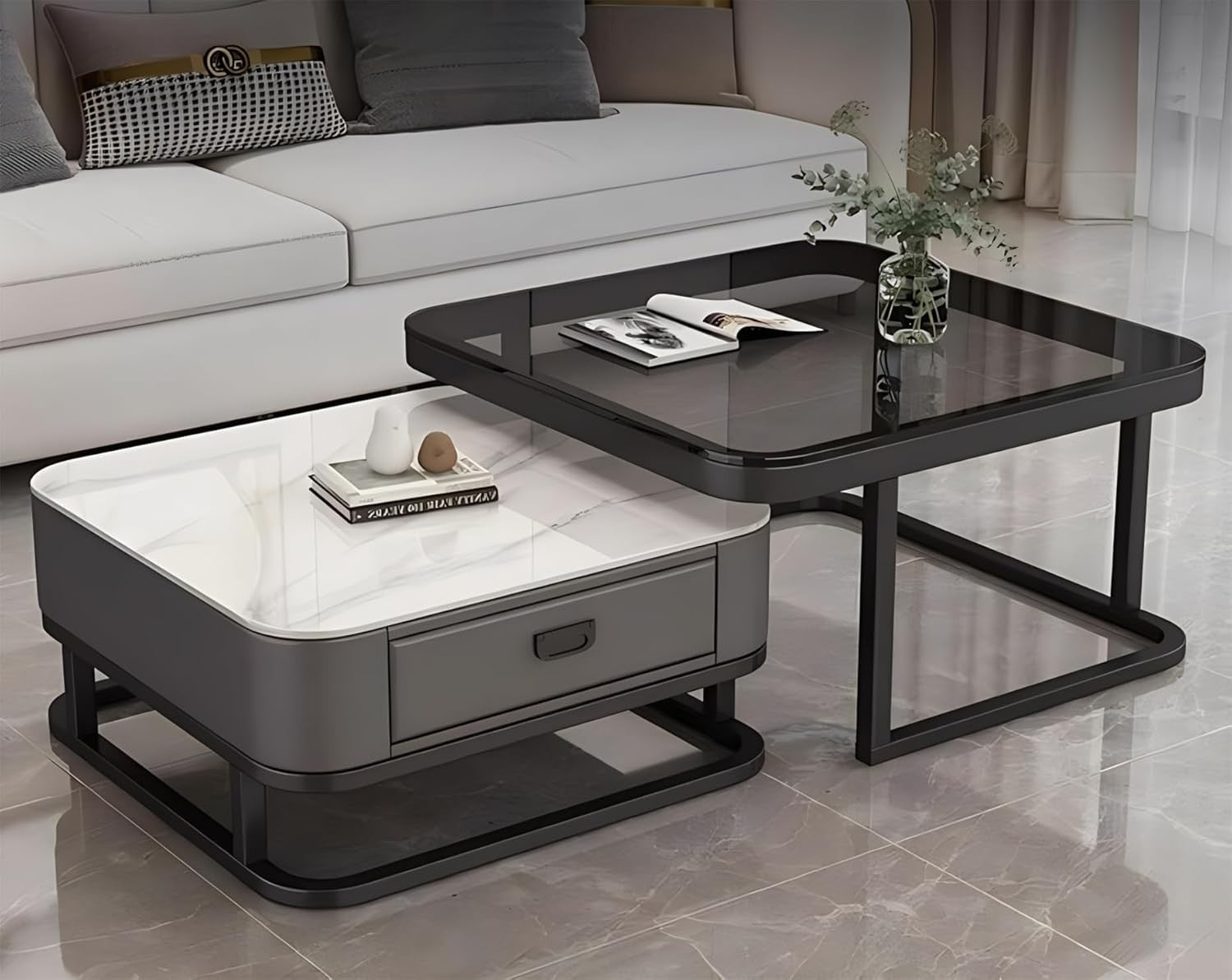 Lift Top Coffee Table with Storage – Square Modern Table, Hidden Drawers