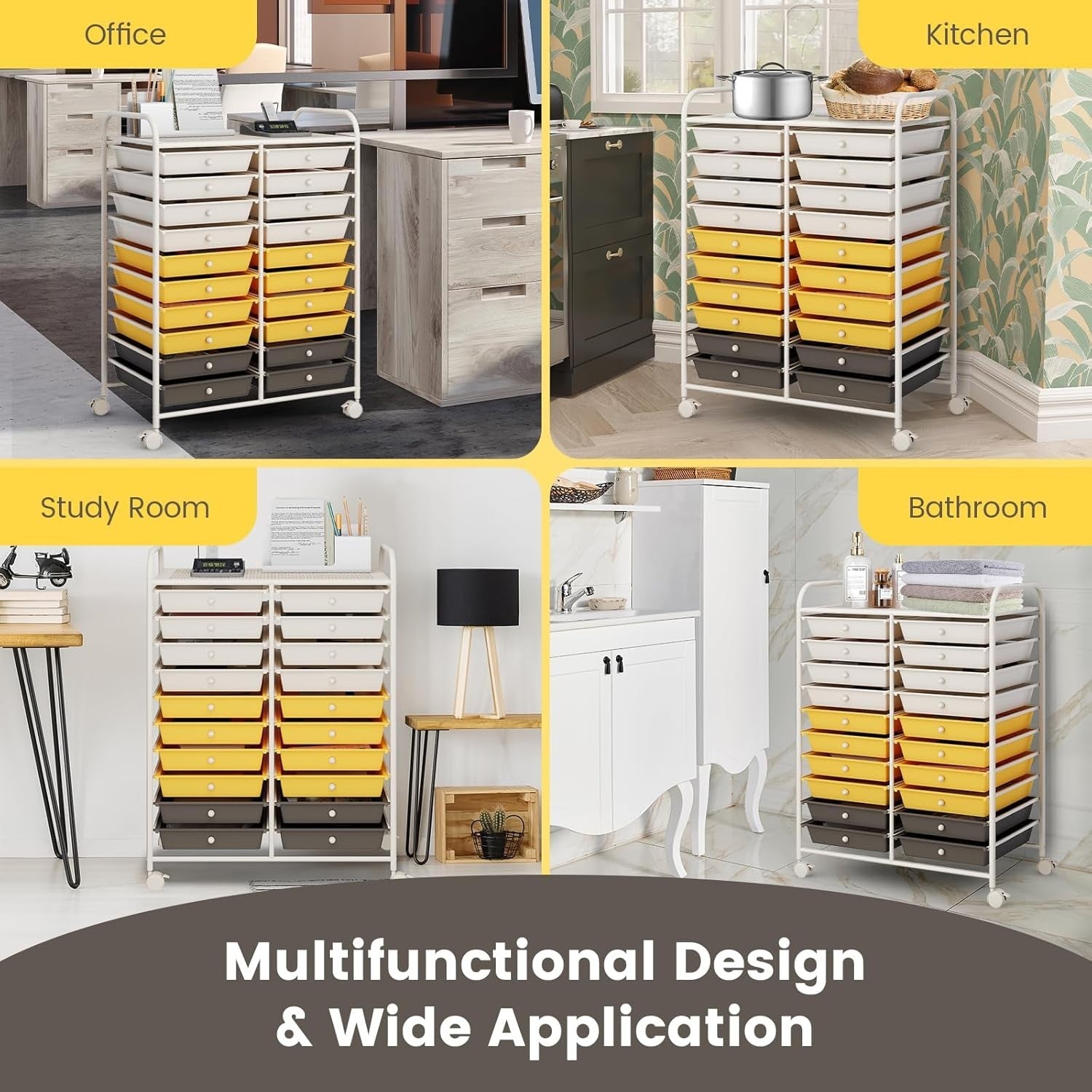 20 Drawer Rolling Storage Cart Mobile Organizer Trolley Yellow Wheels