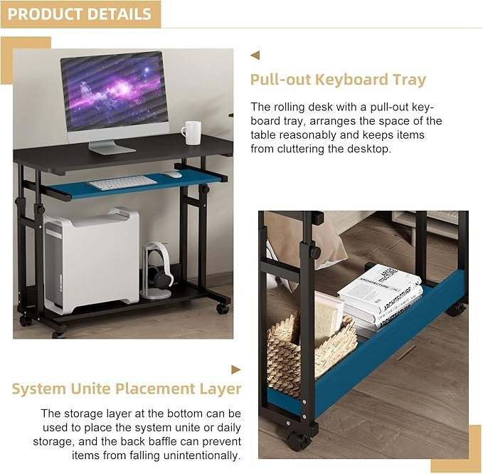 Mobile Computer Desk with Wheels Height Adjustable Study Table Small Spaces