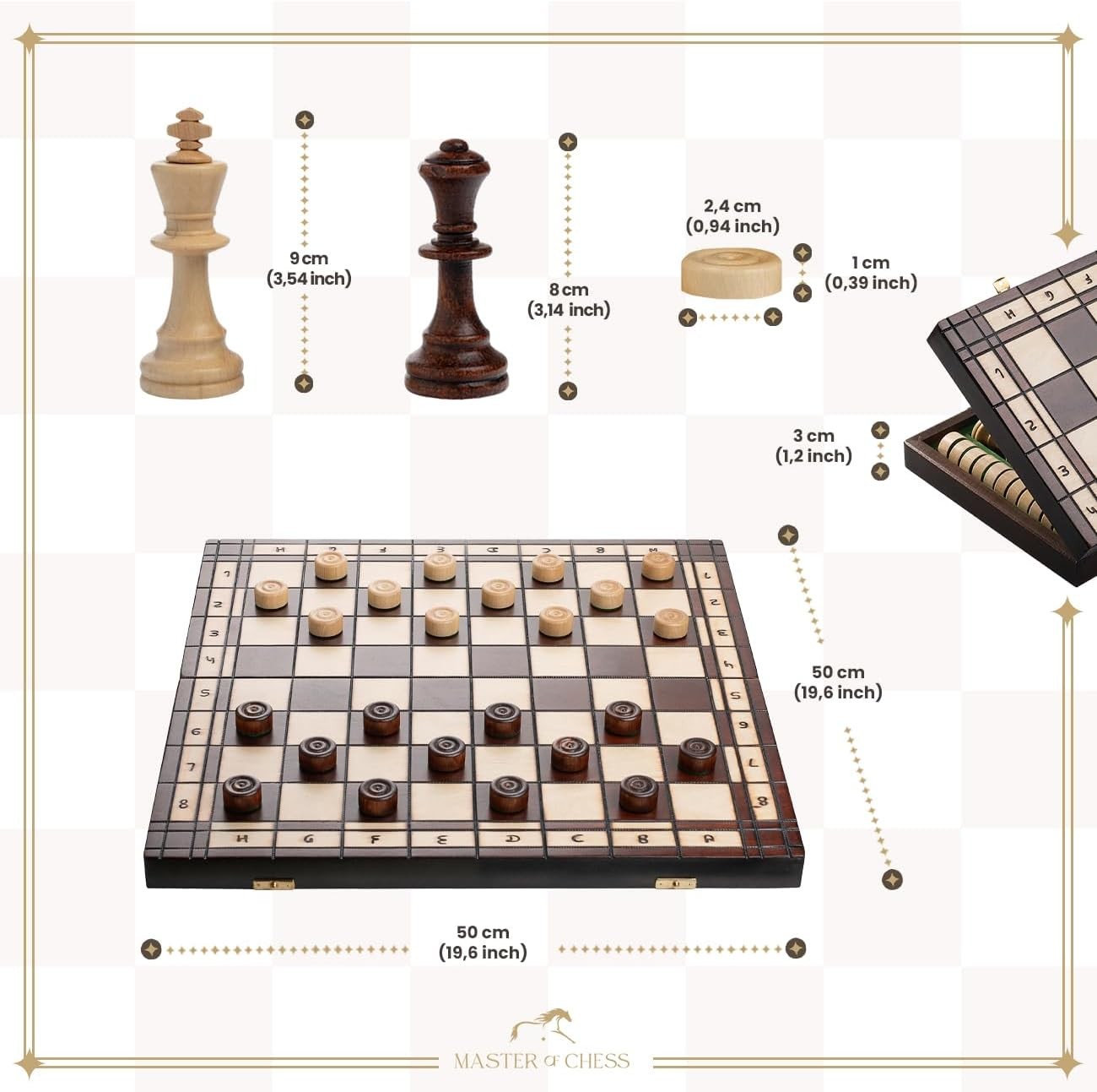 Luxury Wooden Chess & Draughts Set 50cm • Weighted Pieces • Folding Board