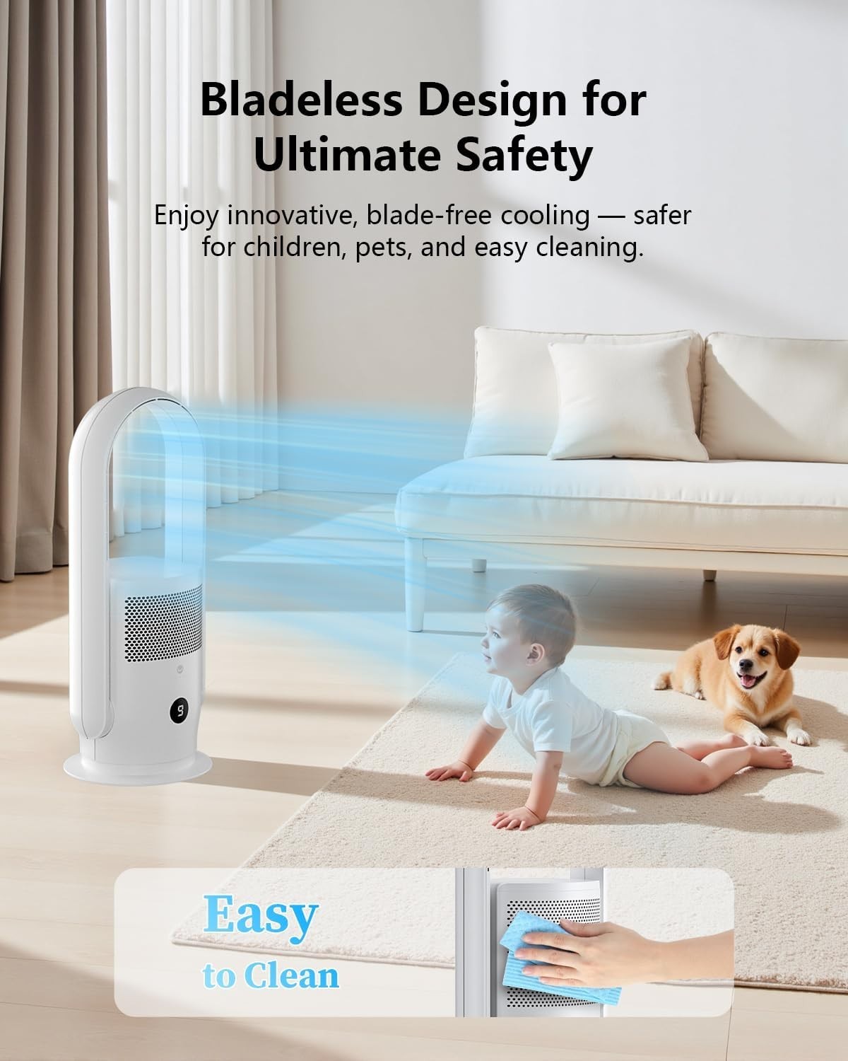 Bladeless Tower Fan w/ HEPA Air Purifier – 9-Speed Quiet Cooling Fan White Timer