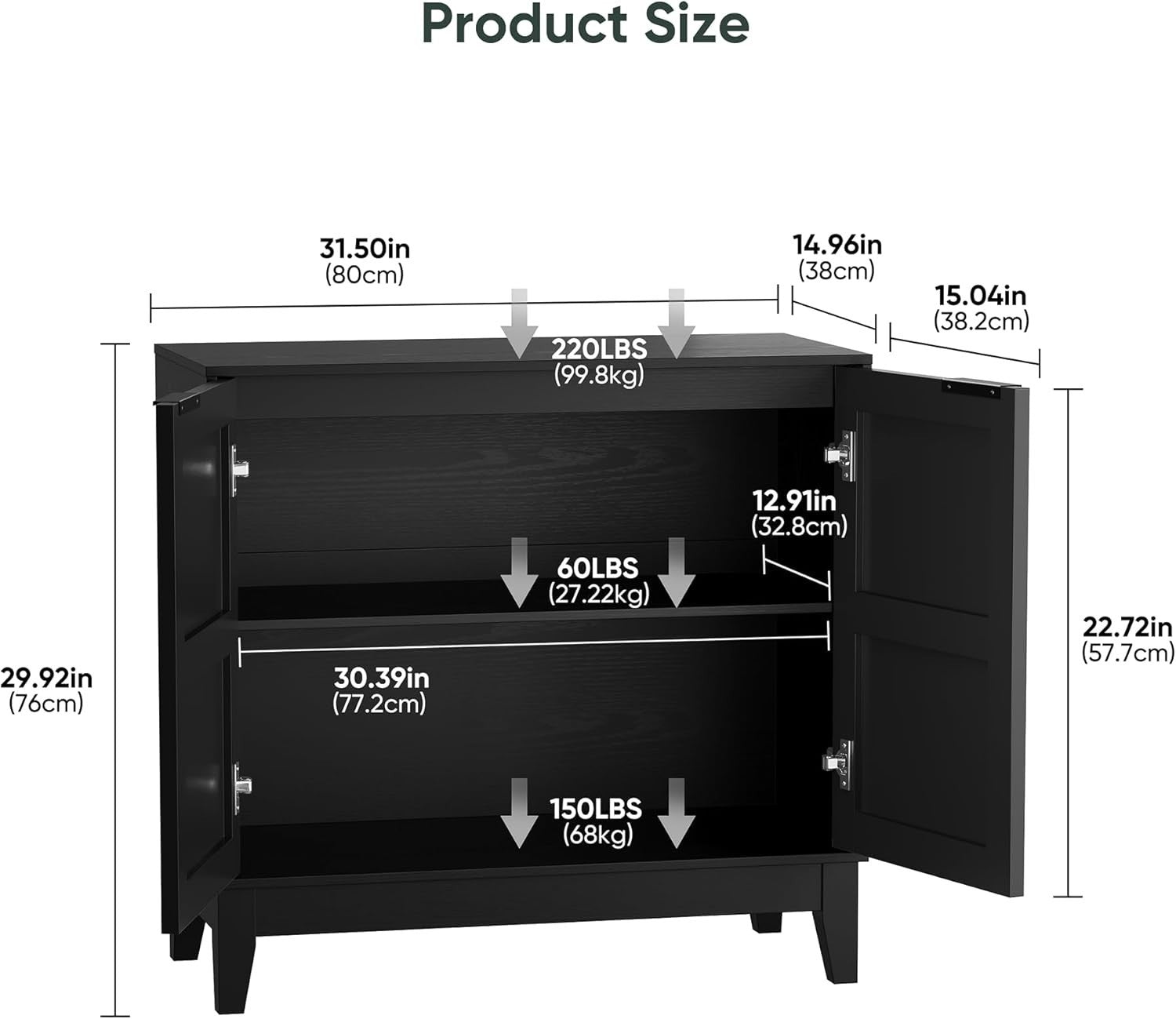 Black Sideboard Cabinet with Floral Carved Doors, Shelves, 80cm Wide