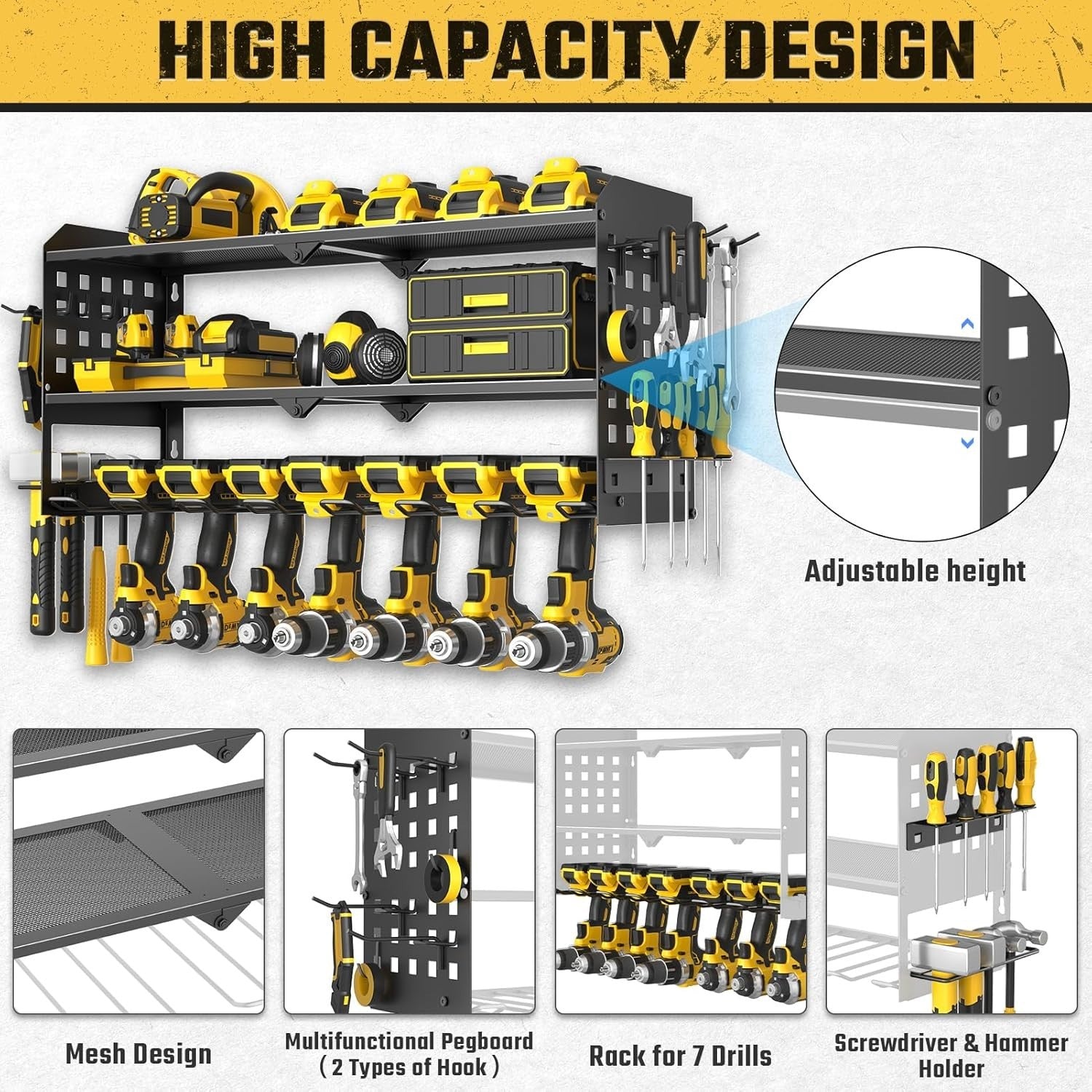 Wall Mounted Power Tool Organizer 3 Tier 7 Drill Rack Black