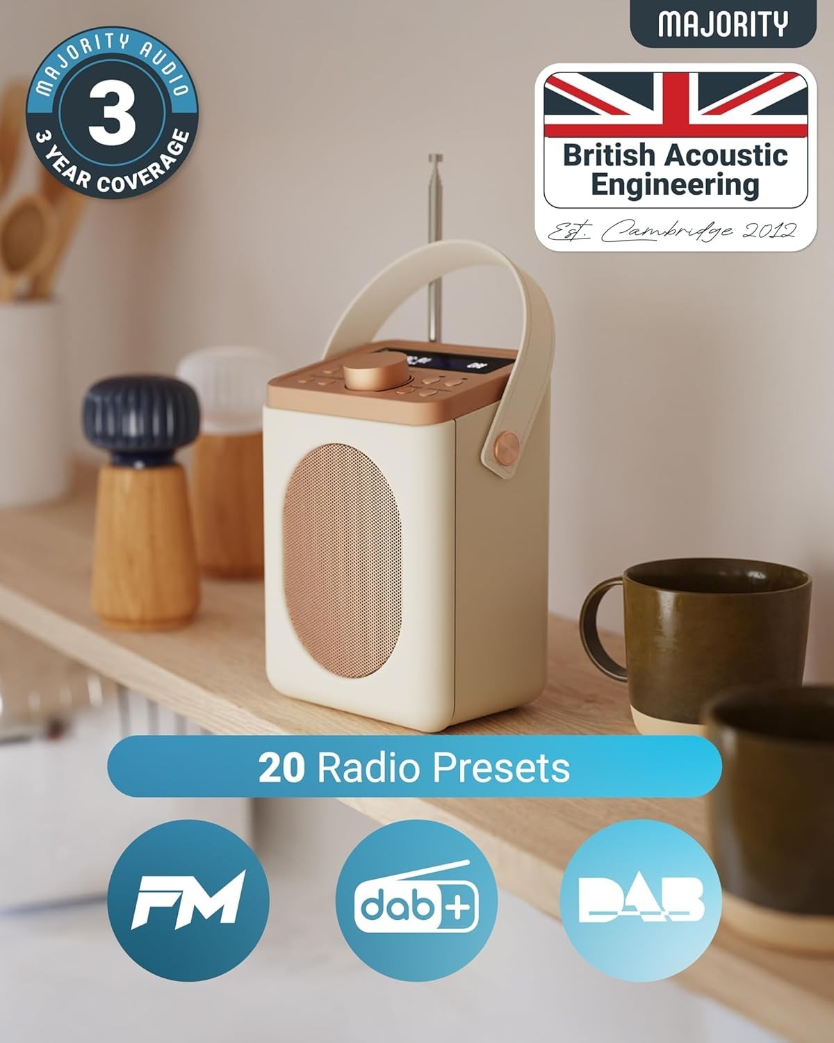Portable DAB+ FM Radio Bluetooth | 15H Battery | Dual Alarm Cream