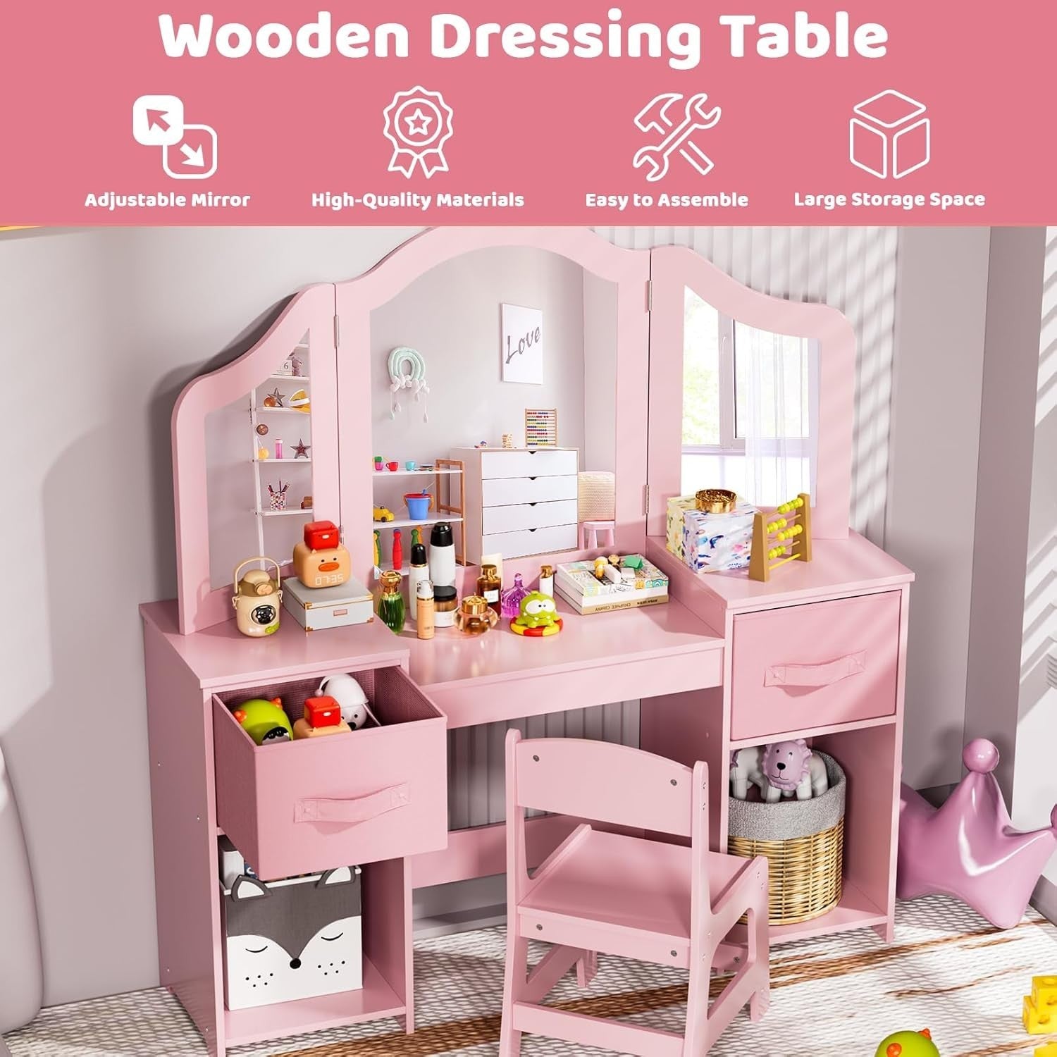 Kids Vanity Table & Chair Set with Tri-Fold Mirror Storage Desk Pink 108cm