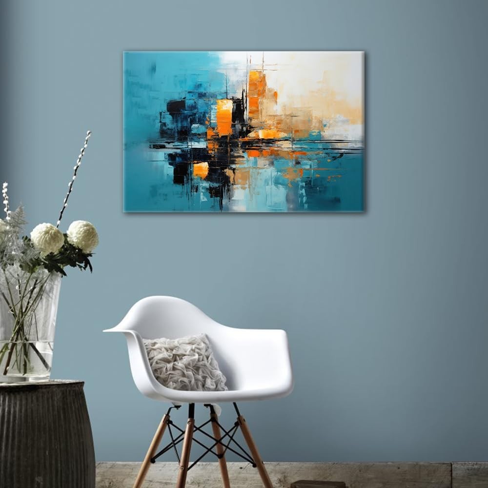 Blue Orange Abstract Canvas Wall Art 24x36in Framed