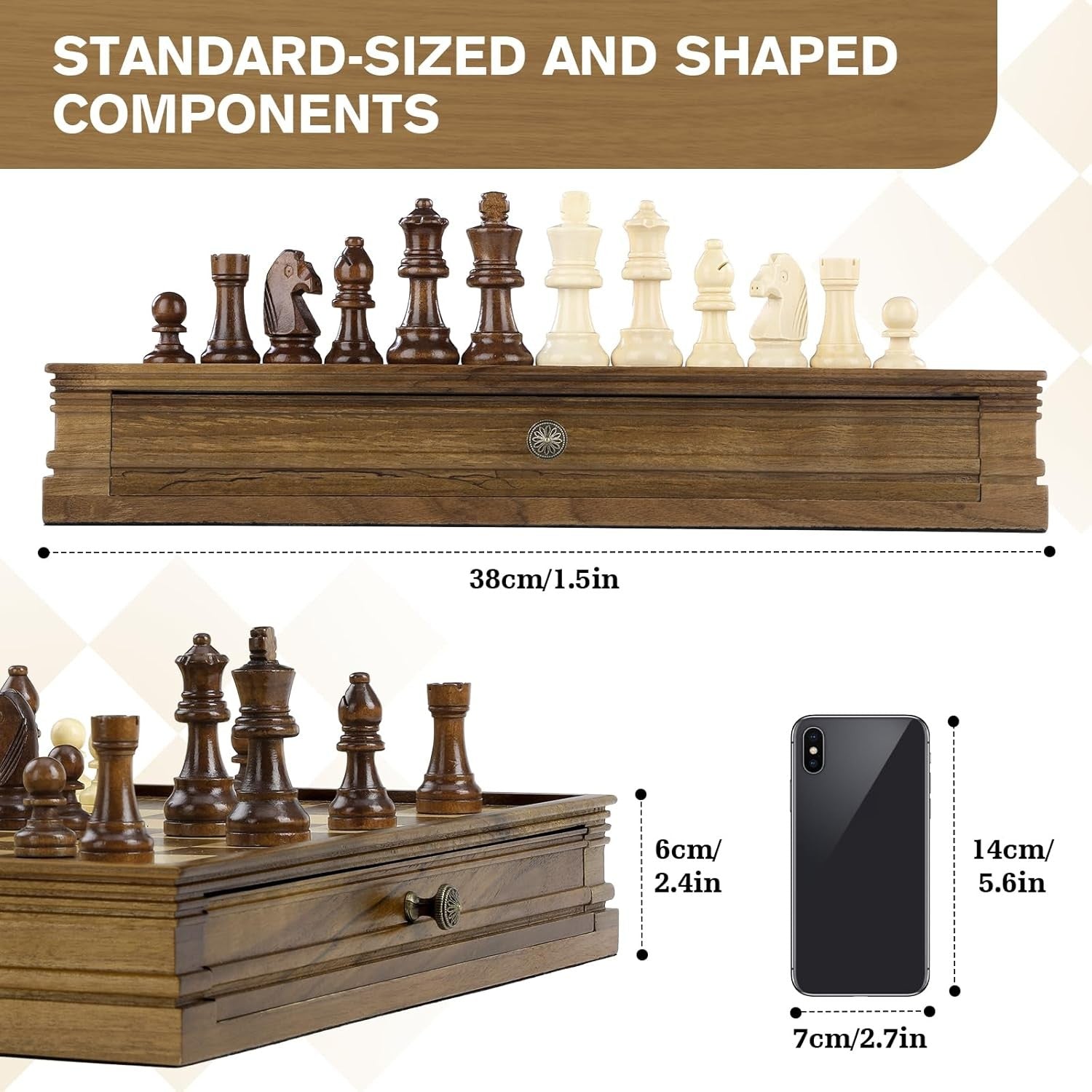 38cm Wooden Magnetic Chess Set with 2 Storage Drawers & Extra Queens