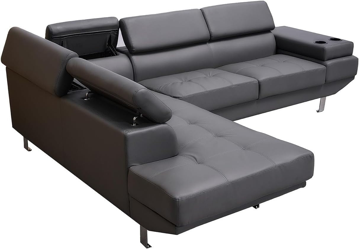Adjustable Headrest Grey Bonded Leather L-Shape Corner Sofa with Cup Holders