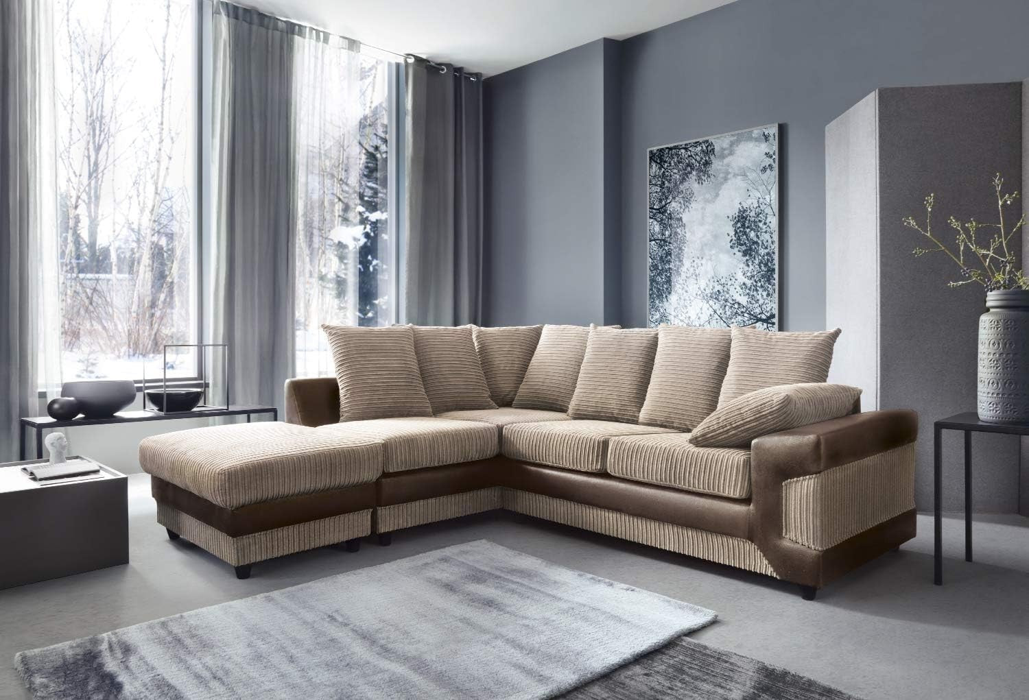 5 Seater Left Hand Corner Sofa Brown & Beige Fabric Leather L Shape Couch