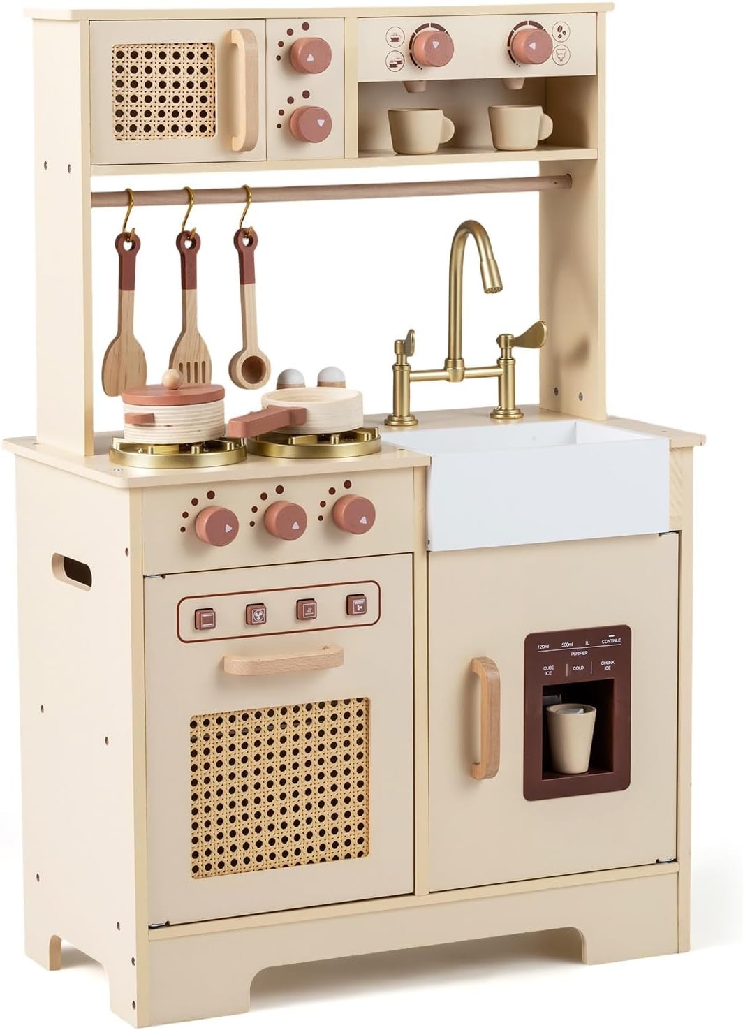 Kids Wooden Play Kitchen w/ Lights Sounds Ice Maker Yellow