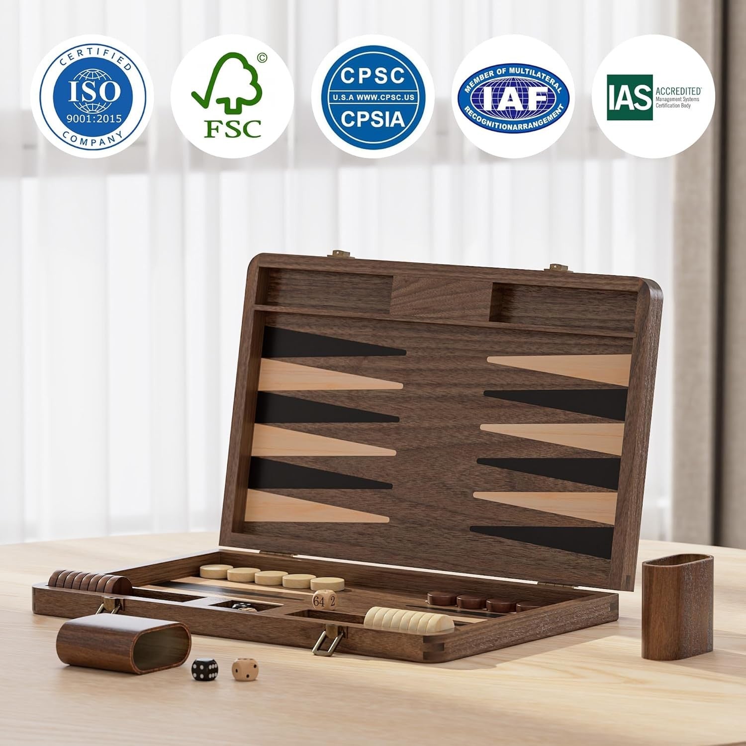 Black Walnut Backgammon Set Luxury Folding Travel Board Game with Dice