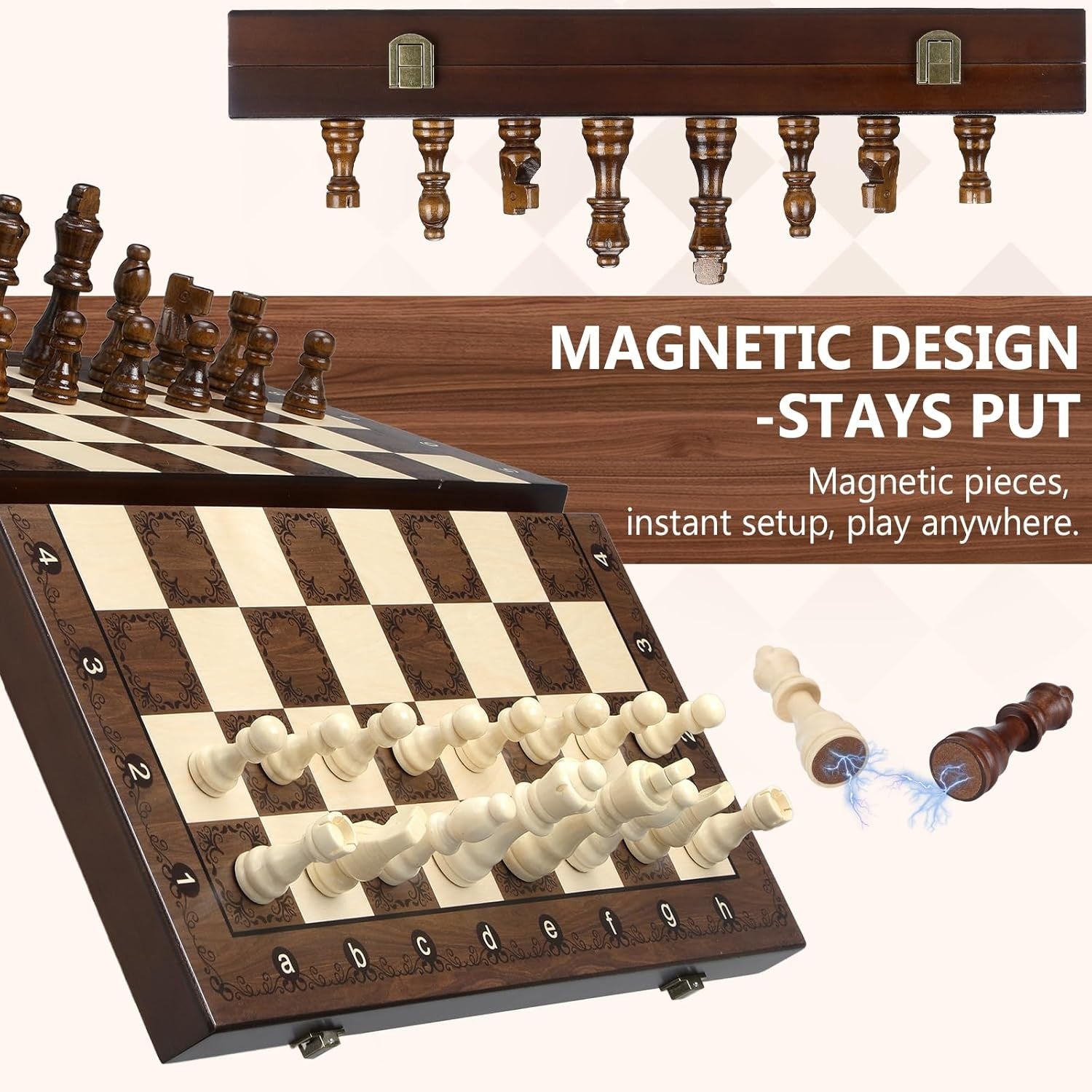38cm Wooden Magnetic Folding Chess Set with Extra Queens & Storage Case