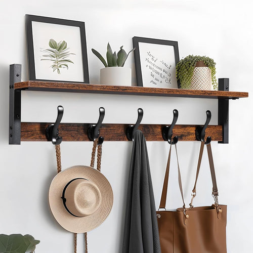 Rustic Brown Black Wall Mounted Coat Rack with Shelf | 29” Hooks Entryway