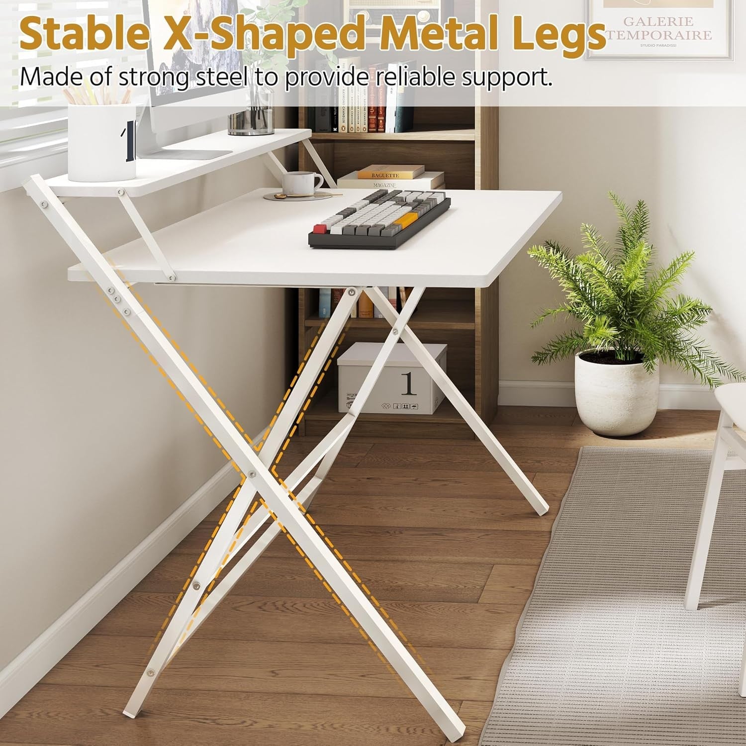 Foldable Computer Desk Large 100cm with Monitor Stand Small Space White