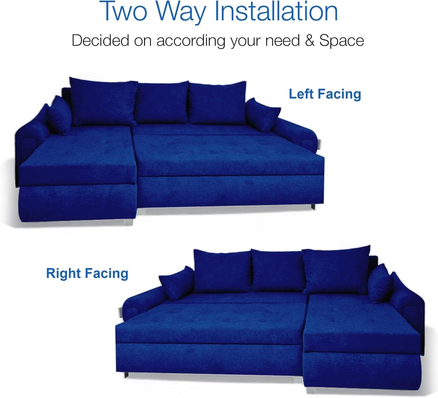 Blue Velvet L-Shape Sofa Bed with Storage & Reversible Chaise – 4 Seater
