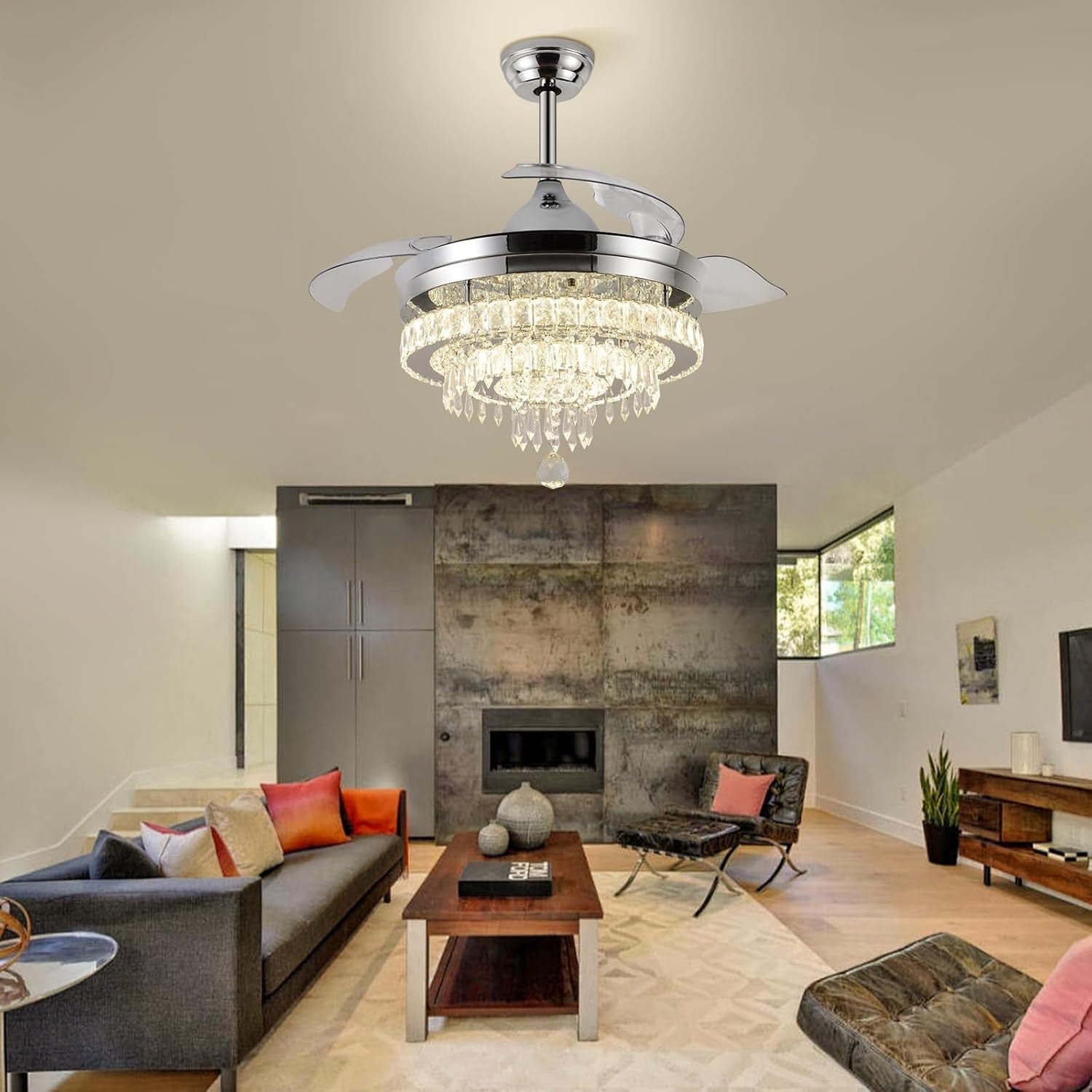 42" Crystal Ceiling Fan with Light Dimmable Remote Black