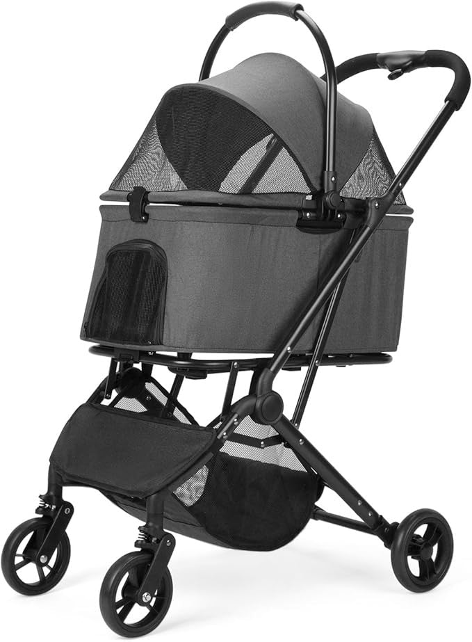 2 in 1 Dog Stroller Removable Basket Foldable Pet Pram 4 Wheel Travel Cart