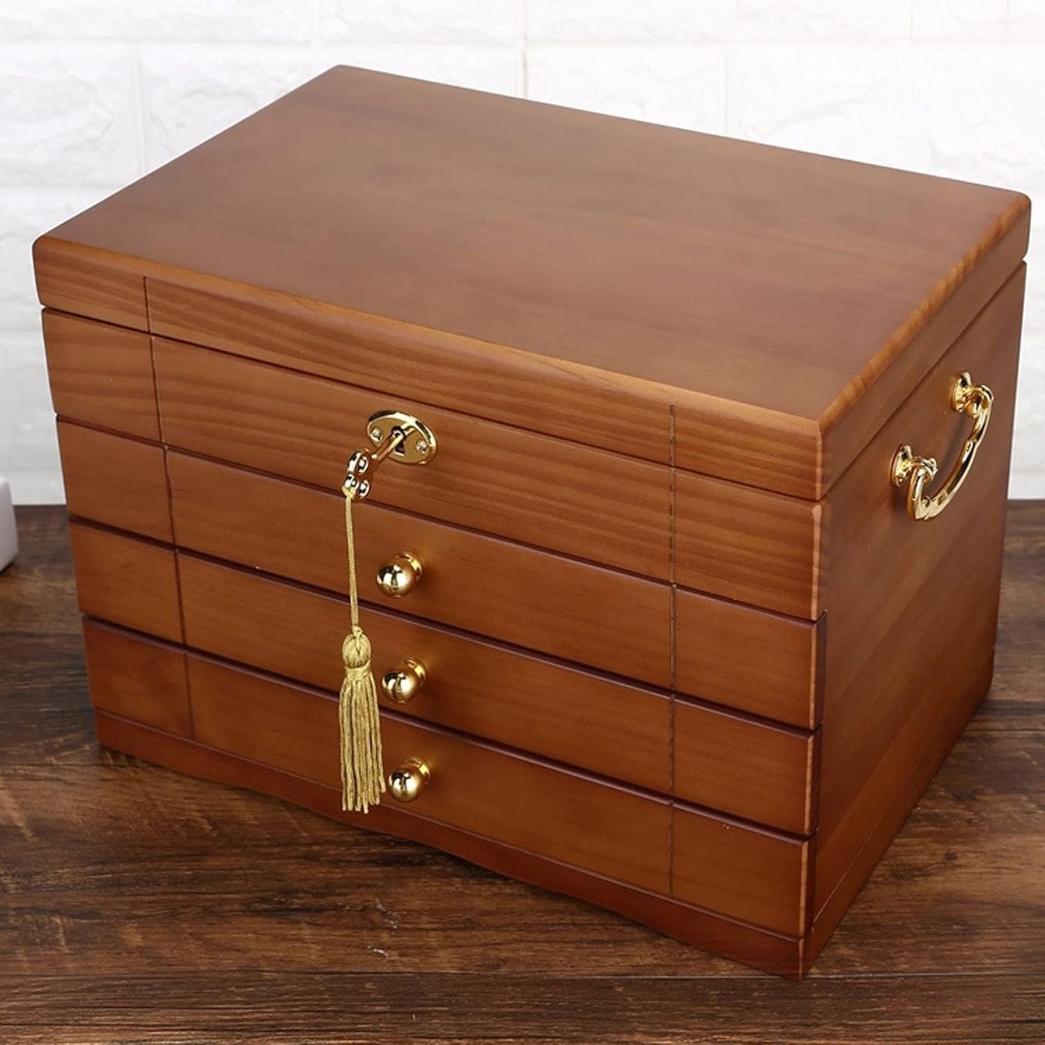 Large Wooden Jewelry Box with Mirror Lock Multi Layer Organizer for Women