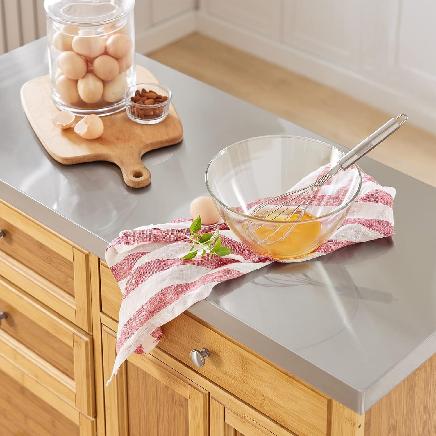 Kitchen Island Trolley on Wheels Stainless Steel Top Storage Cabinet Drawers