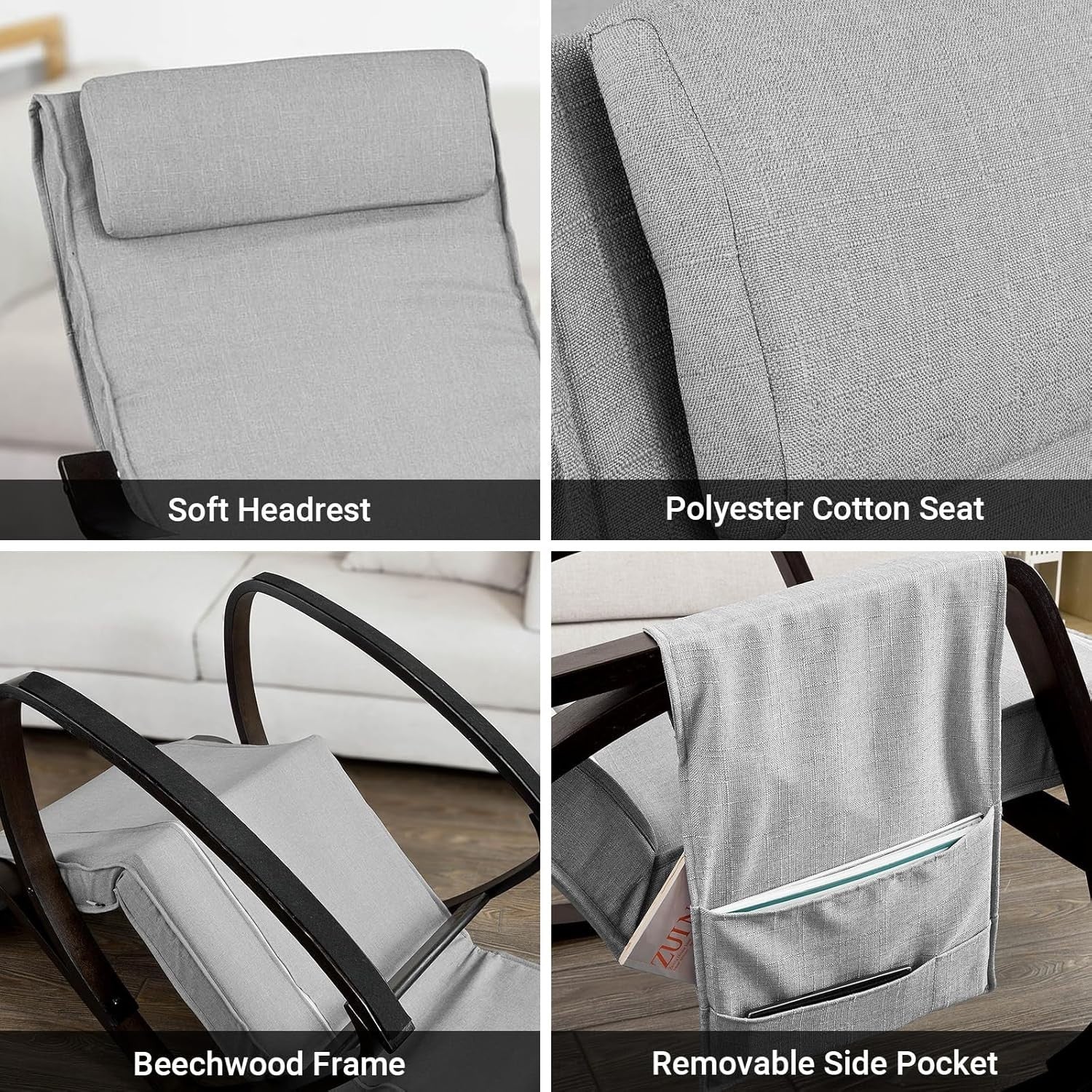 Grey Rocking Chair with Footrest, Recliner Armchair for Adults, 92x66x80cm