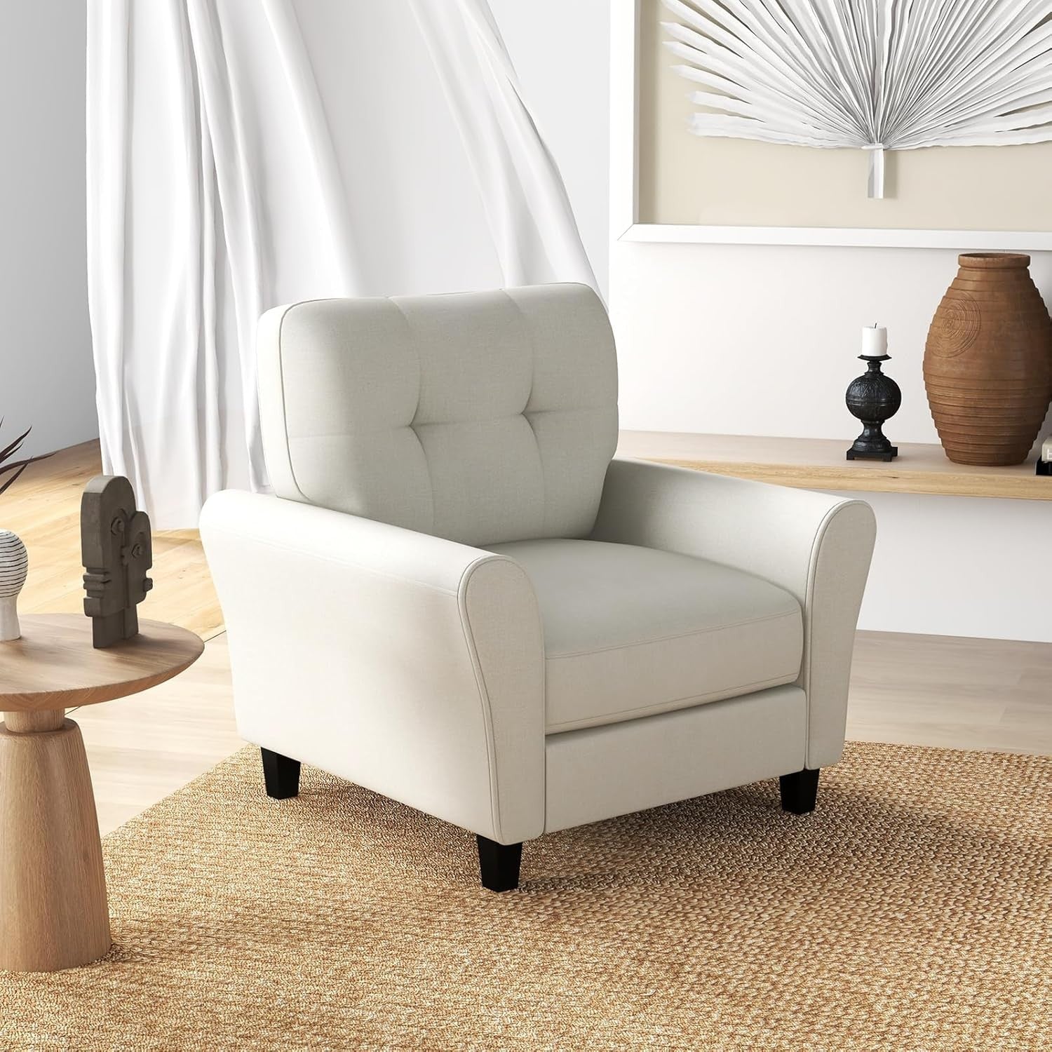 Beige Accent Armchair Tufted Fabric Lounge Chair Thick Cushion