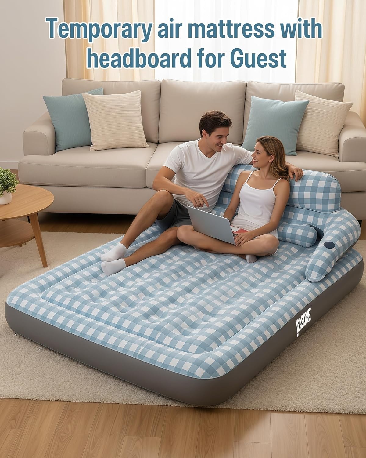 King Inflatable Air Bed with Headboard Pump Flocked Top Camping Guest