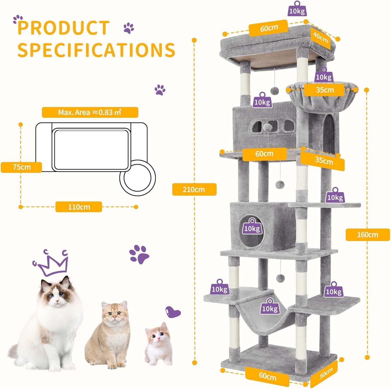 210cm Tall Cat Tree Tower Multi-Level Scratching Posts Condos Cats