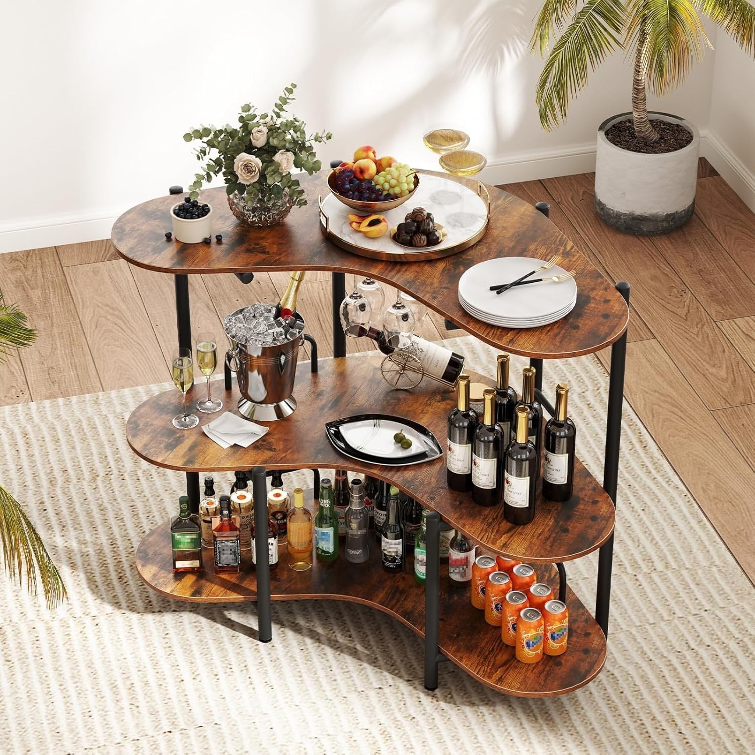 Rustic 3-Tier Wine Bar Cabinet with Glass Holder Freestanding Drinks Storage