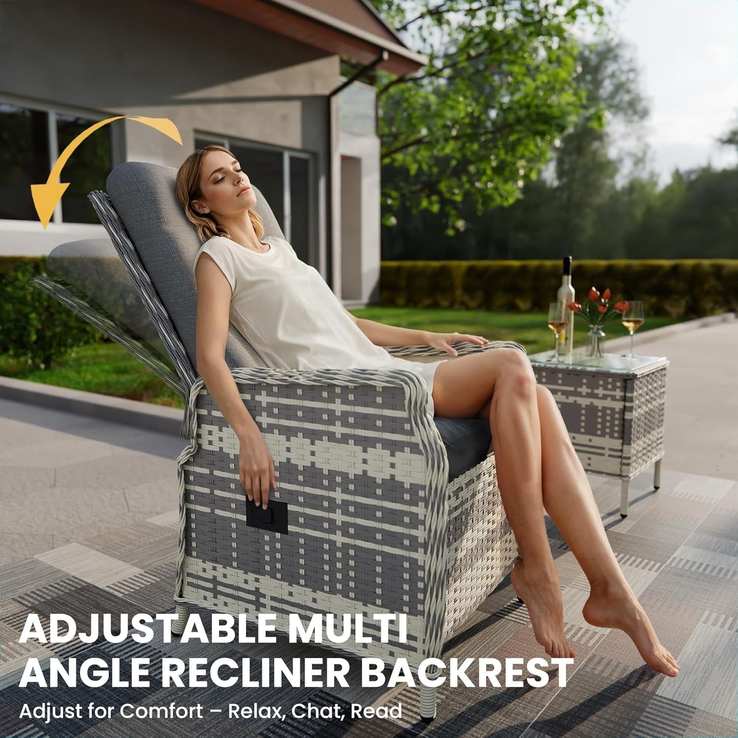 Adjustable Rattan Recliner Bistro Set Chairs Stools Coffee Table Patio Grey