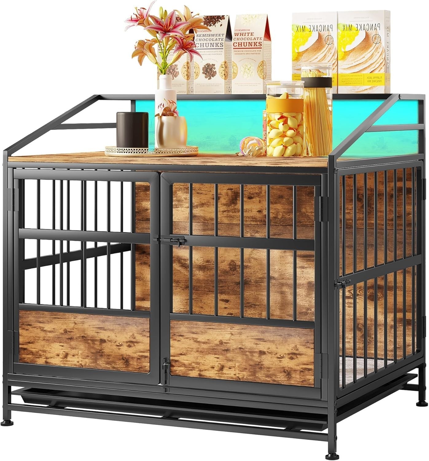 Heavy Duty Dog Crate Furniture with LED Light & Removable Tray, Medium