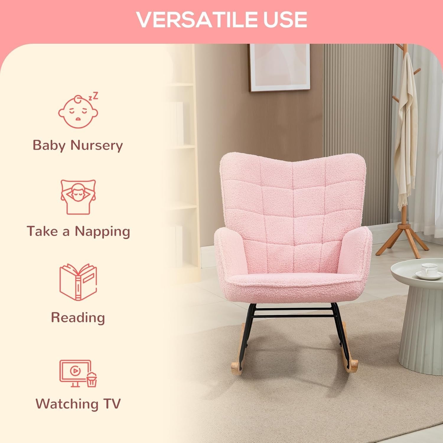 Pink Rocking Chair for Nursery, Tufted Armchair Fleece Upholstery, 71x98cm