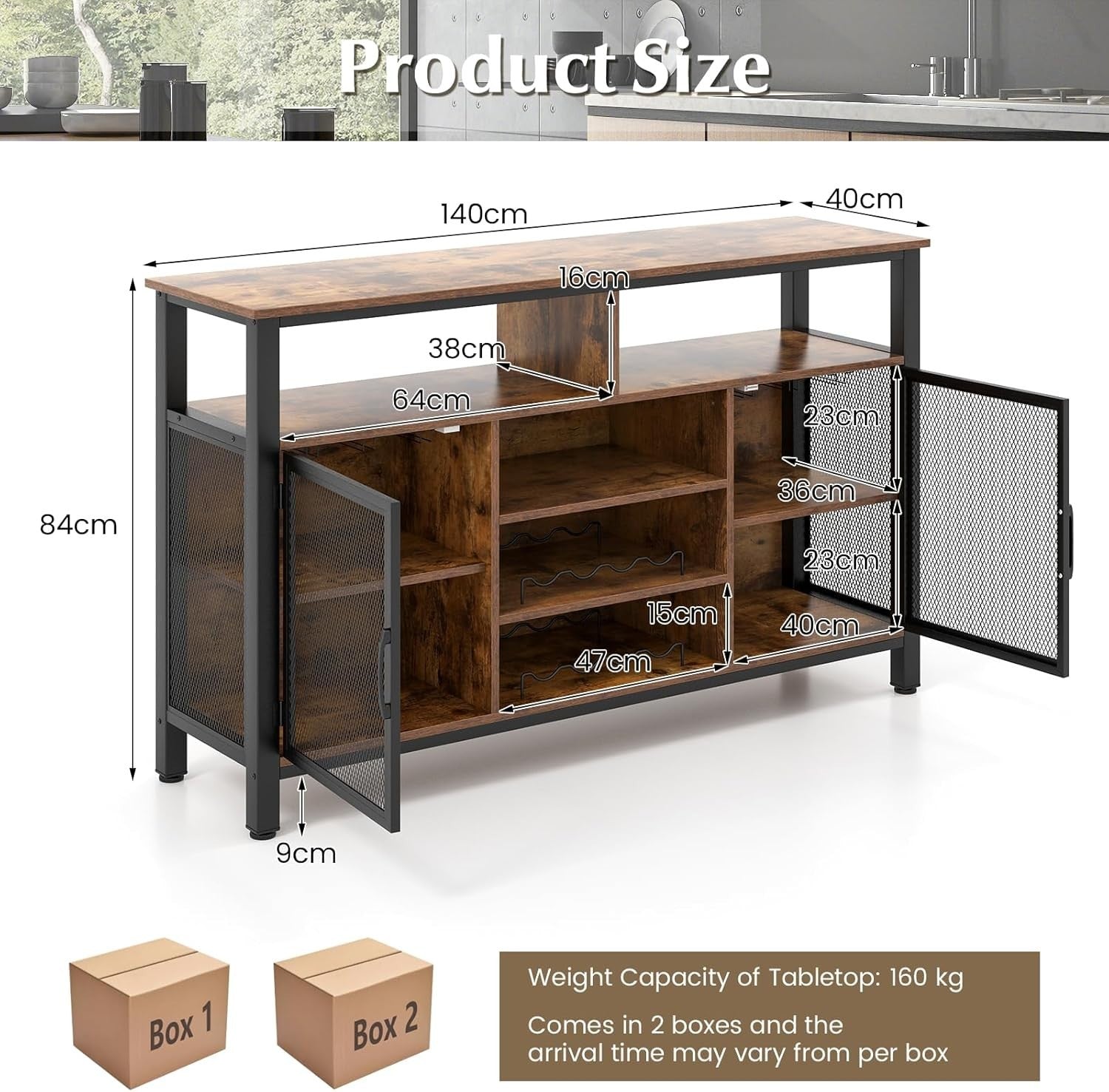 Rustic Sideboard Storage Cabinet with Wine Racks Glass Holder Mesh Doors