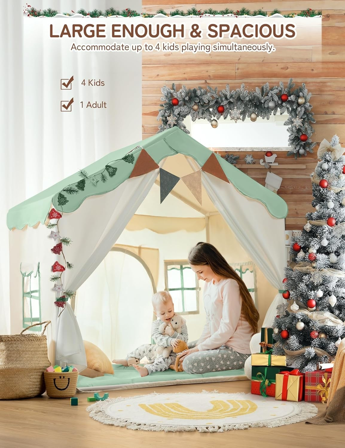 Kids 2in1 Playhouse Tent Bed Canopy with Lights Padded Indoor Green