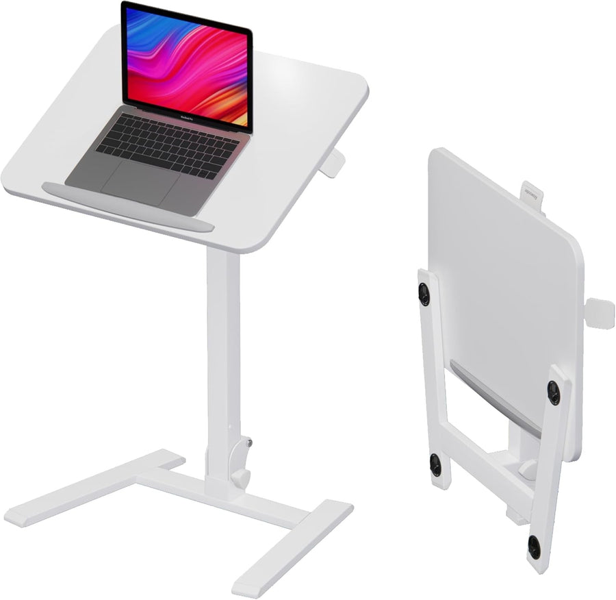 White Mobile Folding Sit Stand Desk Height Adjustable Laptop Table on Wheels